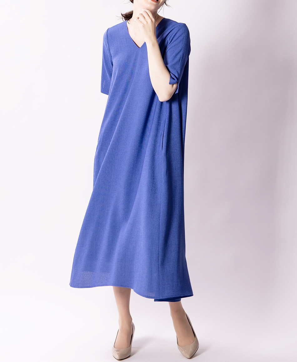【web限定 50％OFF】FRONT DRAPE V-NECK DRESS｜Viscotecs make your brand(ブルー-M)