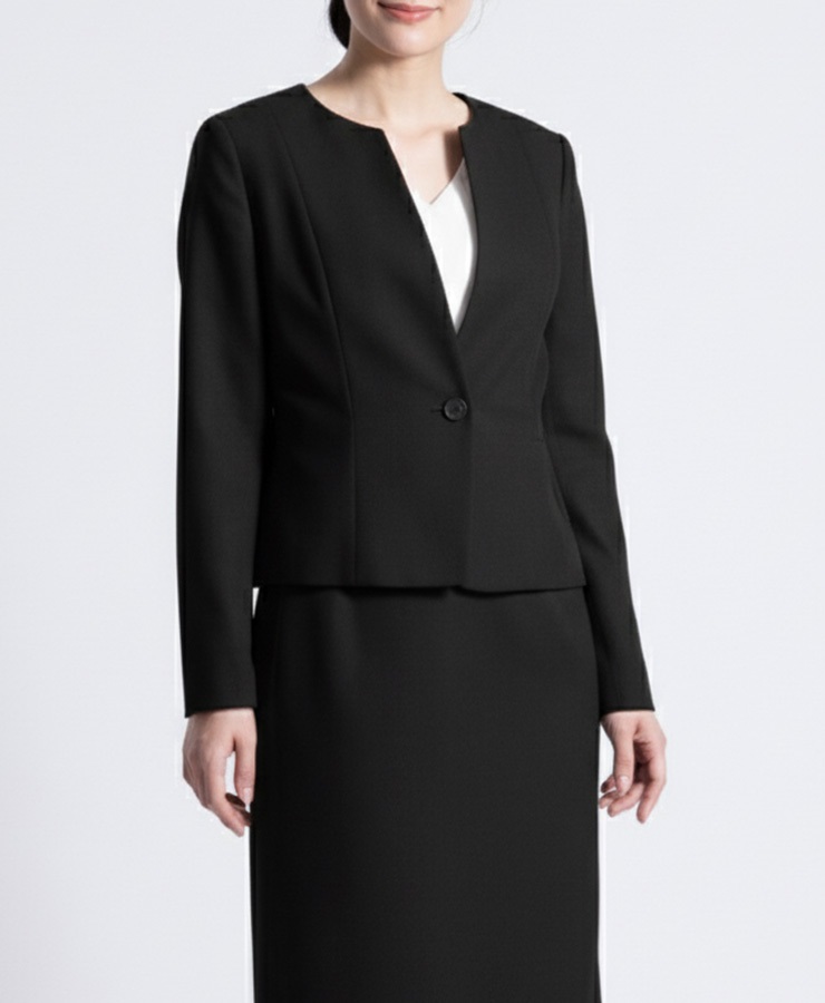 【web限定 30％OFF】ペプラムフリルジャケット｜Viscotecs make your brand(ブラック-9号)