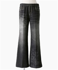 mash mania　デニム風セミワイドパンツ　アマポーラ(ブラック-M)