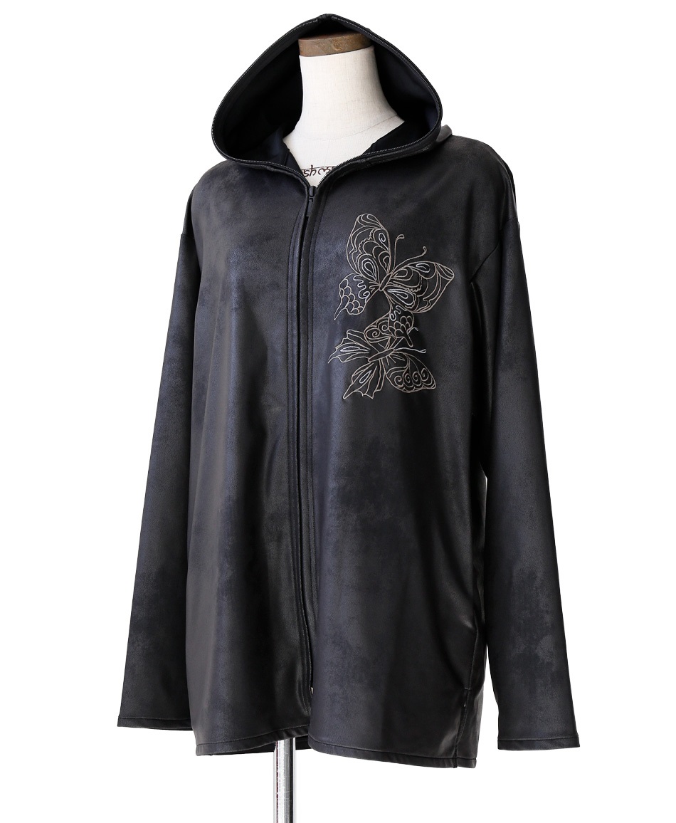 【予約受付中】mash mania　レザー風ハイテンションzipupジャケット　バタフライ【11月下旬より順次発送予定】(ブラック-M)