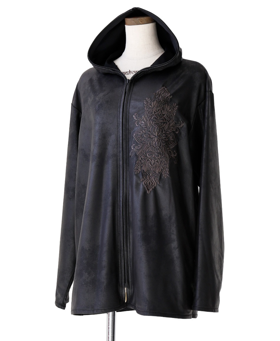 【予約受付中】mash mania　レザー風ハイテンションzipupジャケット　文様【11月下旬より順次発送予定】(ブラック-M)