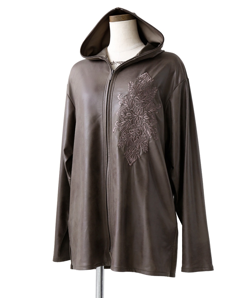 【予約受付中】mash mania　レザー風ハイテンションzipupジャケット　文様【11月下旬より順次発送予定】(ブラウン-M)