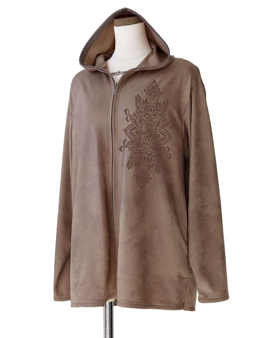 【予約受付中】mash mania　レザー風ハイテンションzipupジャケット　文様【11月下旬より順次発送予定】(キャメル-M)