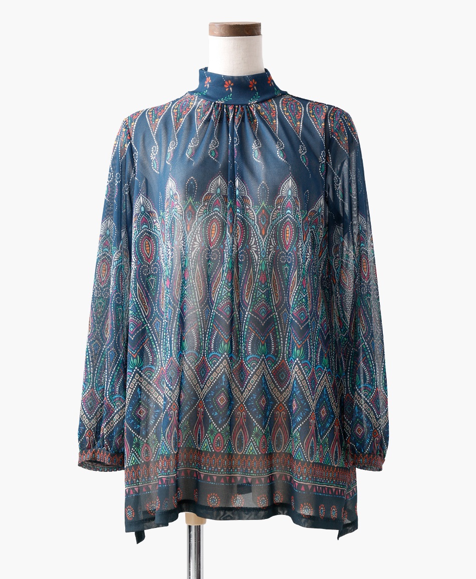 【予約受付中】mash mania　ギャザーフレアーチュニック　ペイズリーモザイク【1月下旬より順次発送予定】(ネイビー-F)