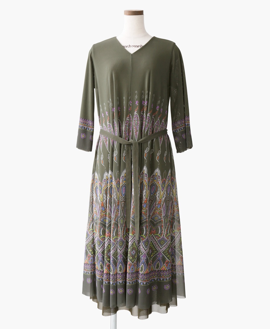 【予約受付中】mash mania　8分袖リバーシブルワンピース　ペイズリーモザイク【1月下旬より順次発送予定】(カーキ-F)