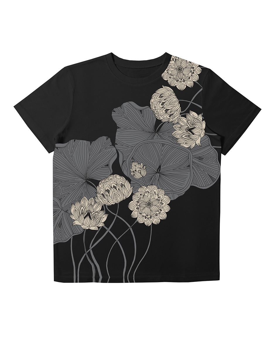 【予約受付中】THE MASH復刻柄　半袖Tシャツ（ユニセックス）ロータス【2月末より順次発送予定】(ブラック-S)