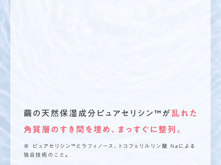 繭の天然保湿成分ピュアセリシン™が乱れた角質層のすき間を埋め、まっすぐに整列。